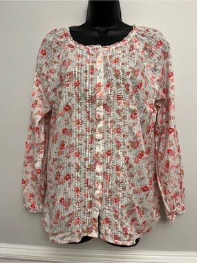 Talbots Romantic Floral Pintucked & Ruffled Long Sleeve Blouse, Size Large